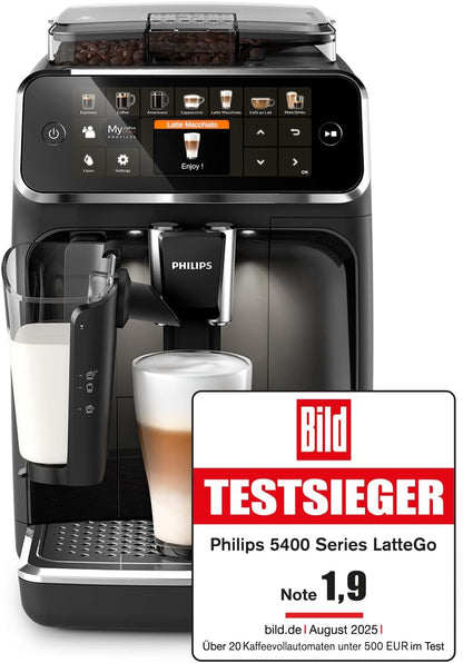Philips Espressomaschine der Serie 5400 – Genießen Sie 12 Getränke, schnell reinigendes LatteGo, intuitives TFT-Display, anpassbare Kaffeeeinstellungen, erstklassiges Küchendesign (EP5441/50)